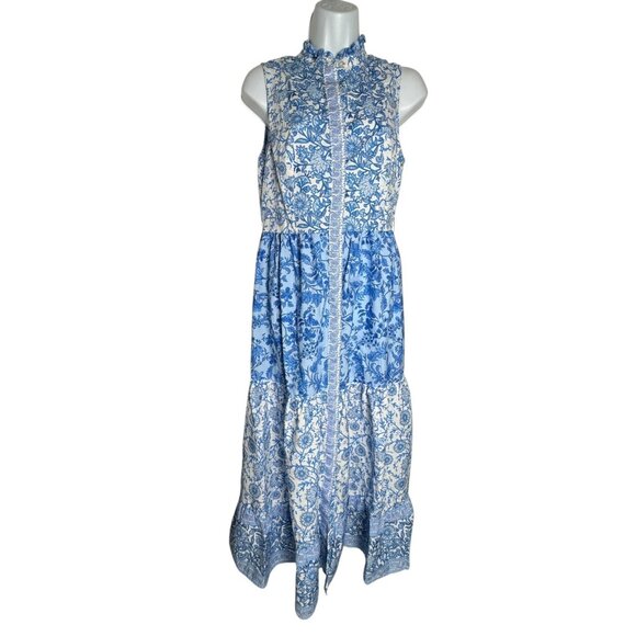 CeCe Women’s Blue White Floral Ruffle belted Midi Dress Size Small 100% Cotton - Picture 3 of 13